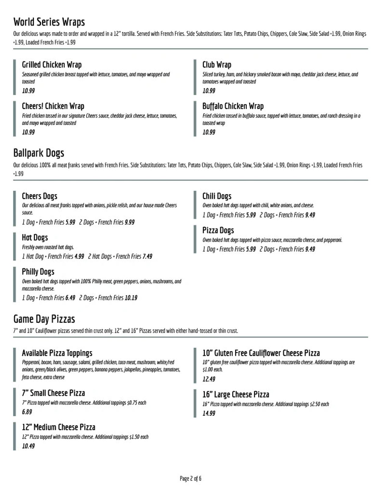 Food Menu Cheers Sports Eatery
